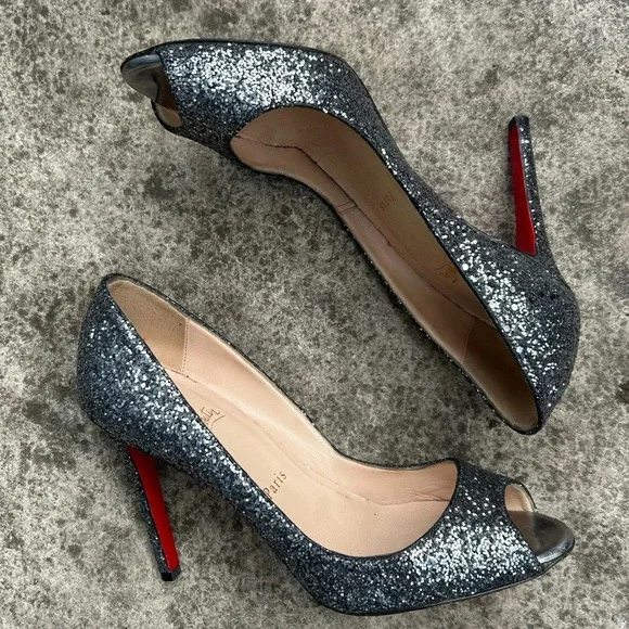 Christian Louboutin Metallic Grey Glitter Very Prive Peep Toe Pumps, Size 38.5 - Picture 8 of 16